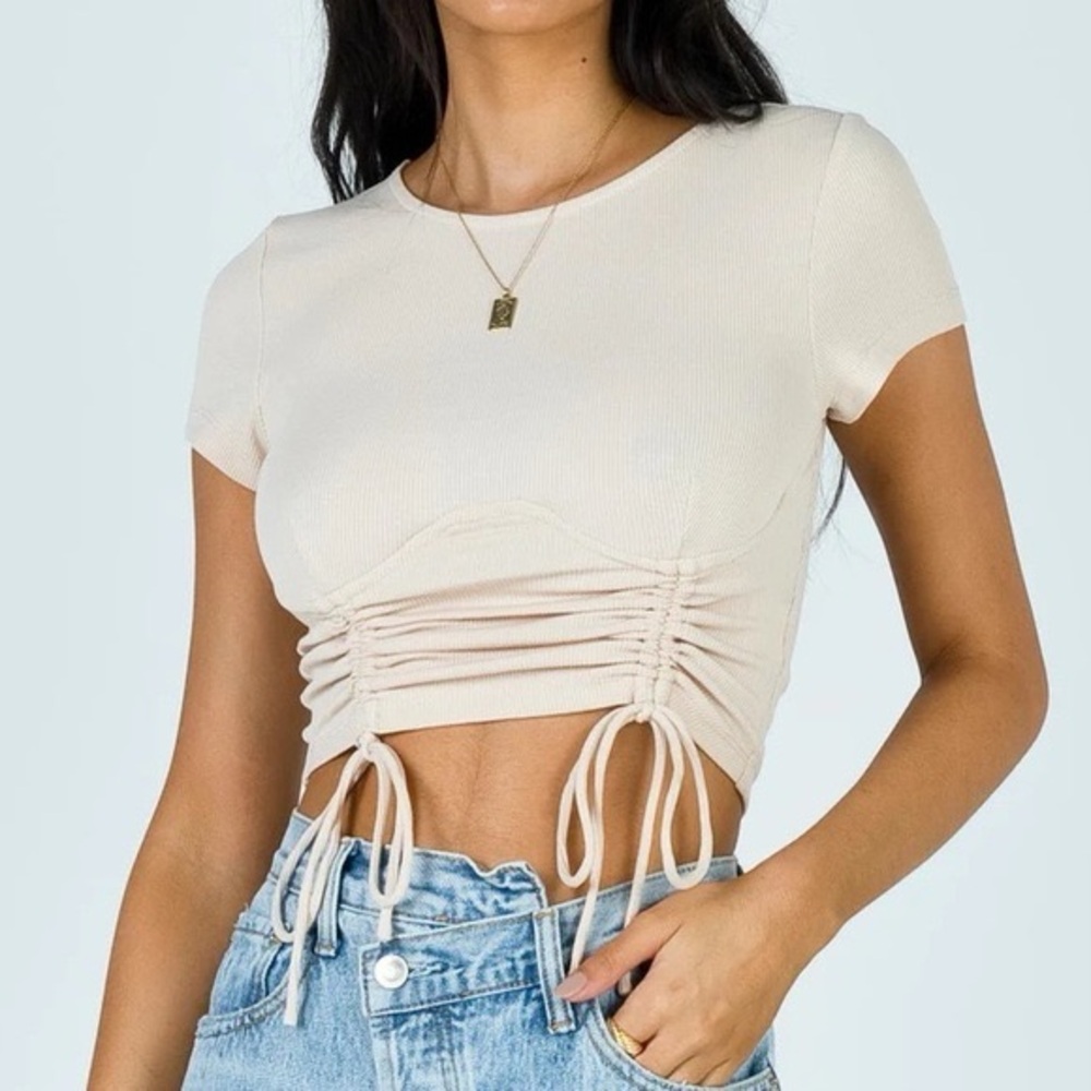 Princess Polly Cream Ruched Drawstring Crop Tee